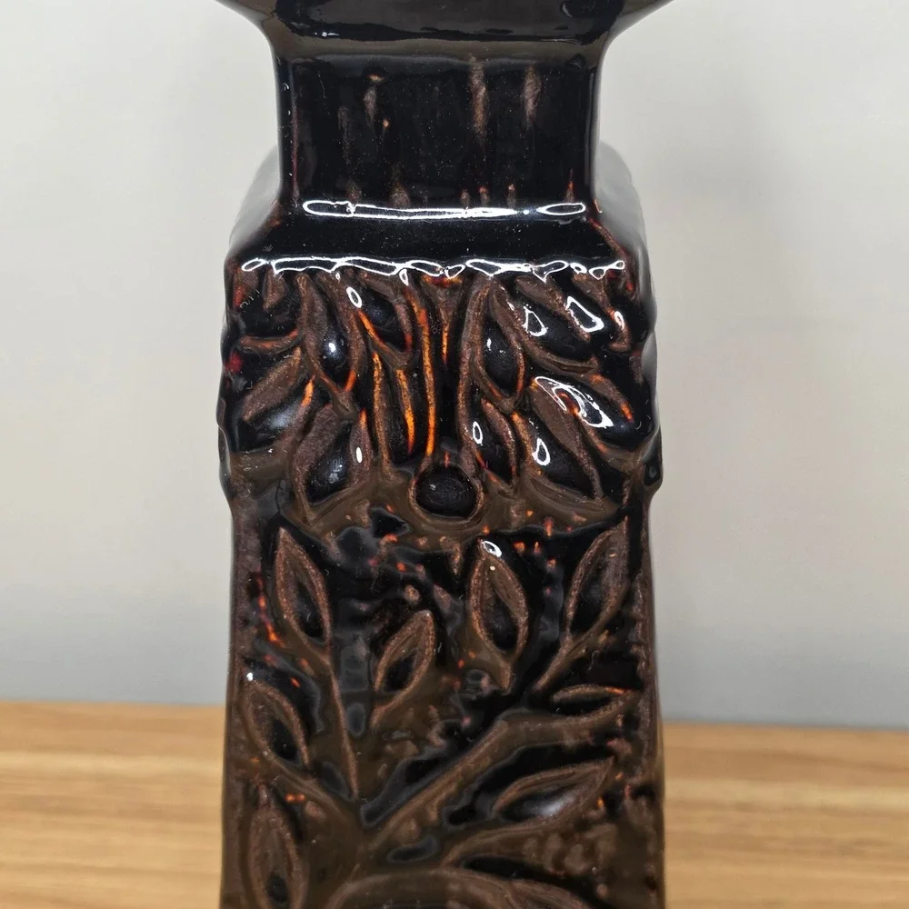 Ceramic Pillar Candle‎ Holder 11in Metallic Dark Brown Embossed Floral Tapered